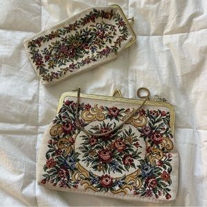 Vintage Floral Stitched Needlepoint Tapestry Clutch Set